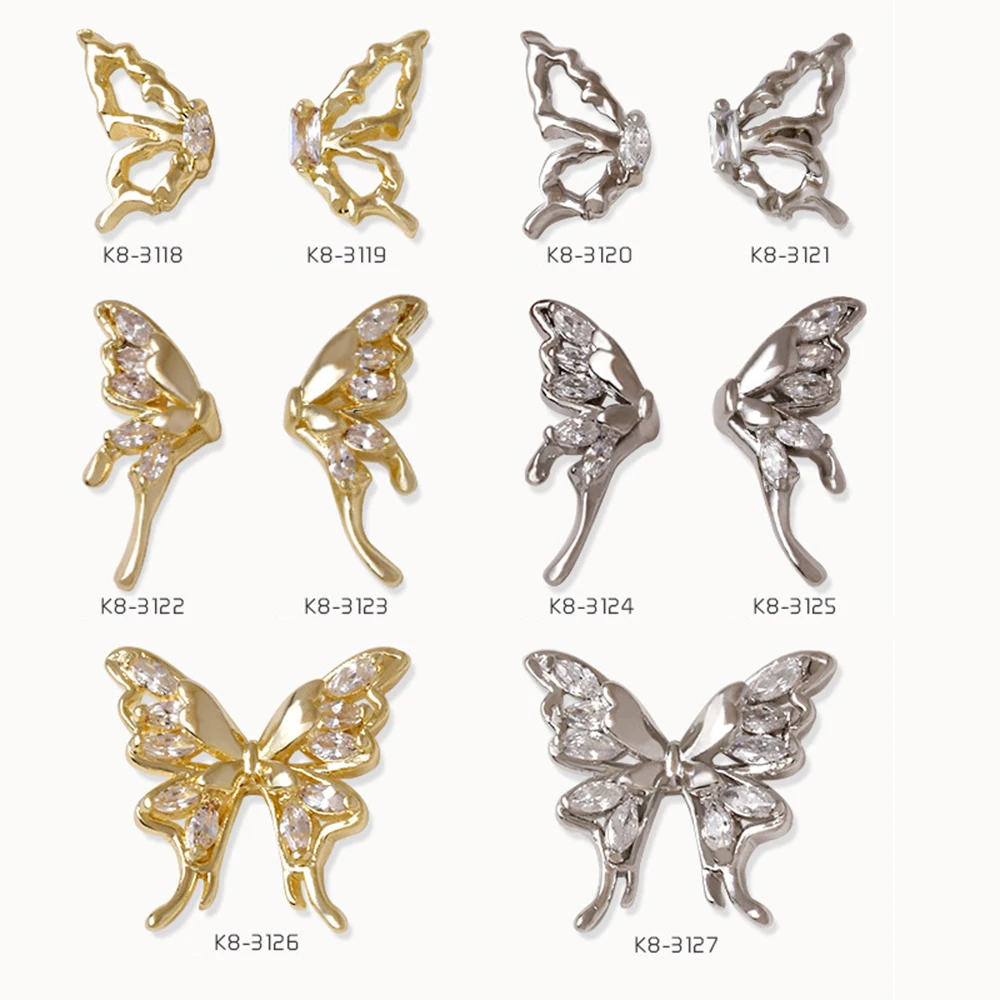 Half Butterfly Wings Nail Parts Liquid Metal Butterfly Nail Charms Gold/Silver Hollow Diamond Nail Crystals Decor