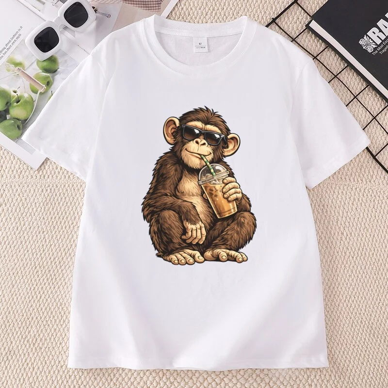 Funny Monkey Drinking Iced Coffee T Shirt Men Women Streetwear Animal Graphic T-Shirt Summer Short Sleeve Round Neck Tops