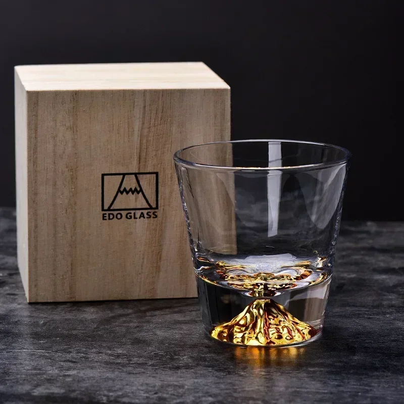 lead-free wine cups with wooden gift box for Liquor Scotch Bourbon  japan mt fuji shaped old fashioned whiskey glass cup 250ML