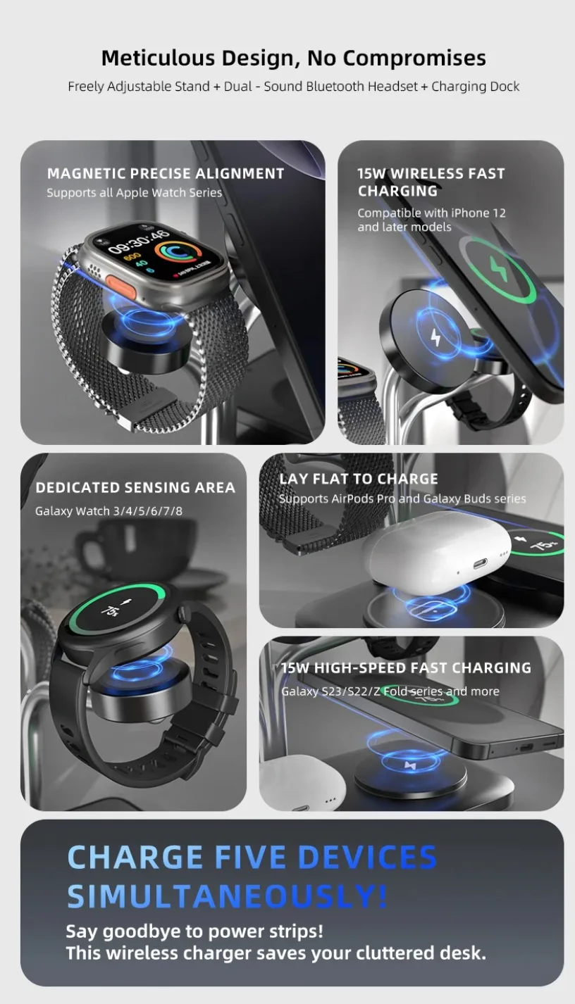 5 IN 1 15W Dual Phone Watch Magnetisches kabelloses Ladegerät Schnellladung für iPhone 17~12 Samsung Apple/Galaxy Watch Aipods Pro/Buds – Detail 2