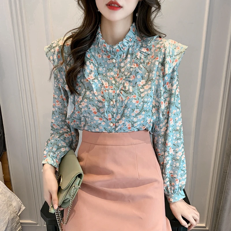 Green Floral Printing Chiffon Elegant Stand Collar Single Breasted Women\'s Blouse Shirt Korean Fashion Female Clothing Tops 2024