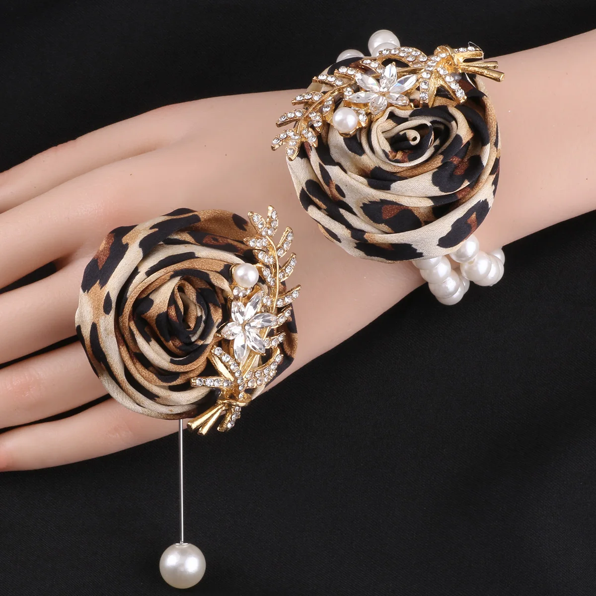 Curry Leopard Handblume Damen Perle Hochzeit Handgelenk Blume Bräutigam Herren Blattgold Corsage Abendessen Abschlusssaison Zubehör