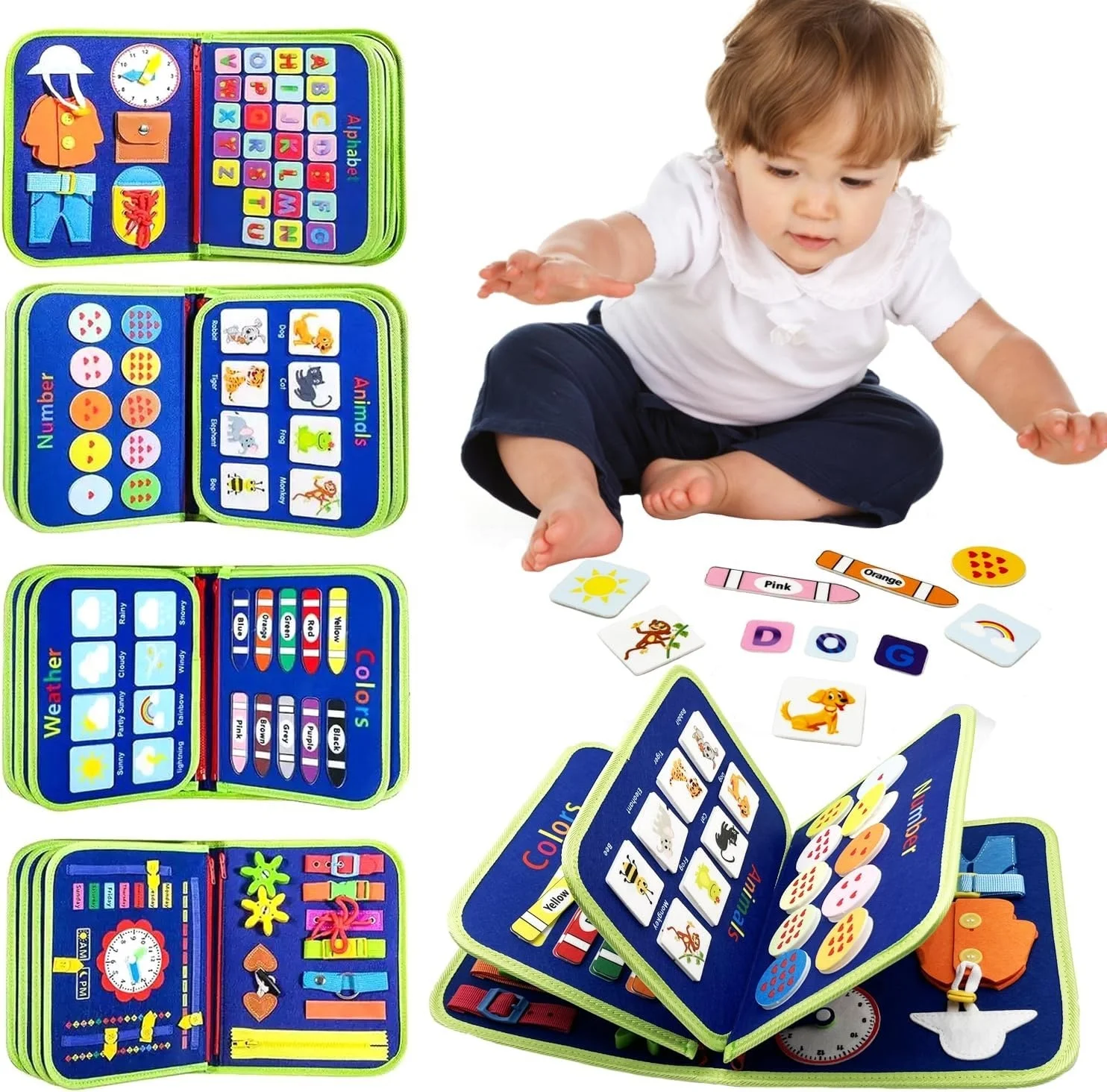 Blue Dinosaur Felt Quiet Busy Board for Toddlers, Life Skill Zip Dress Button Activity Book, Alphabet Number Shape Animal Weather Color Matching Travel Sensory Educational Toy Gift for Little Boys view 3