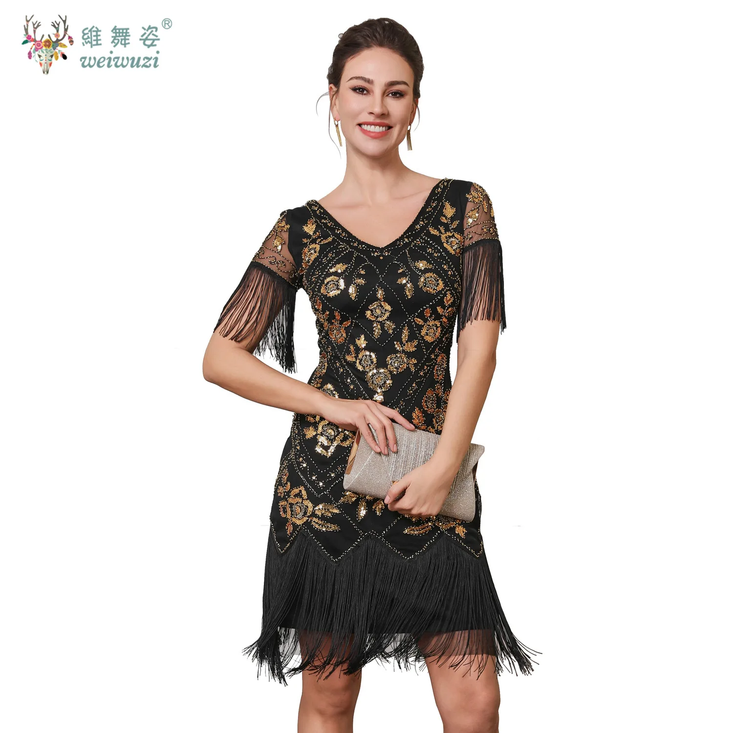 新しい女性のスパンコールラウンドネック痩身半袖フリンジドレスヴィンテージローズ刺繍カクテルパーティーダンスイブニングドレス