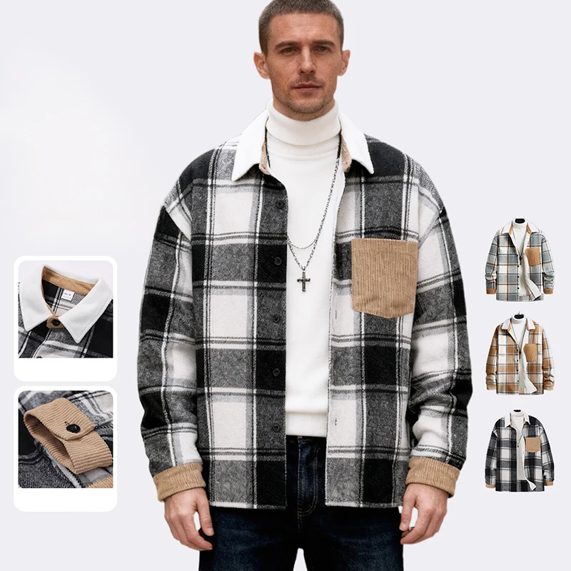 

Men's Popular Plaid Shirts Coats Spring Autumn Pocket Patchwork Lapel Jacket Man High Quality Retro Street Single Breasted Coat