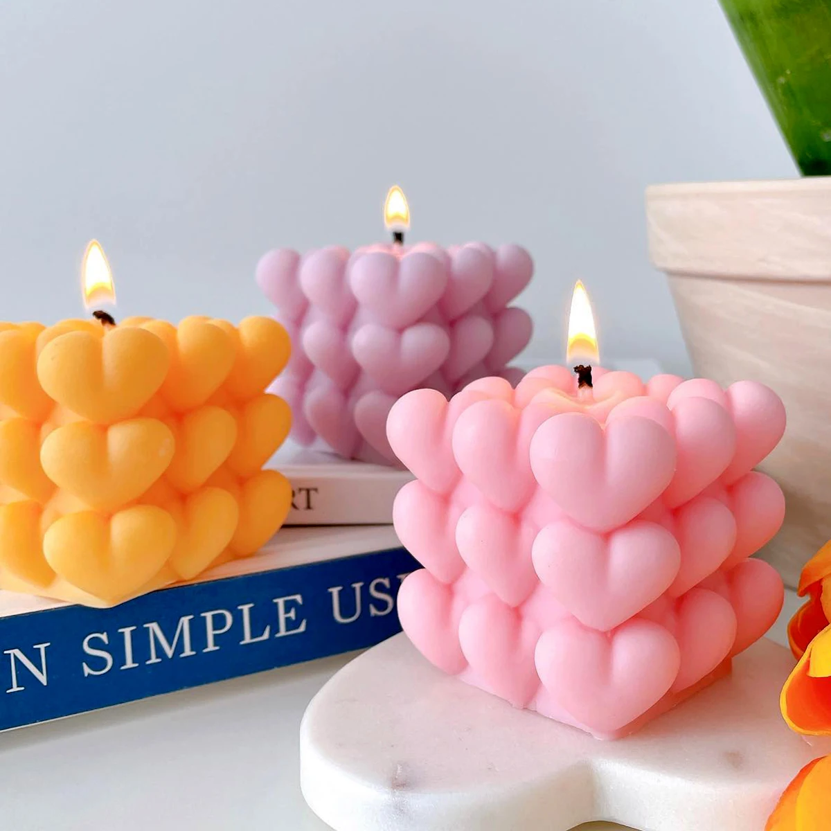 Non-stick Love Heart Candle Silicone Mold 2 Cavity Cube Mould for DIY Gypsum Soap Mousse Cake Home Decor Candle Making