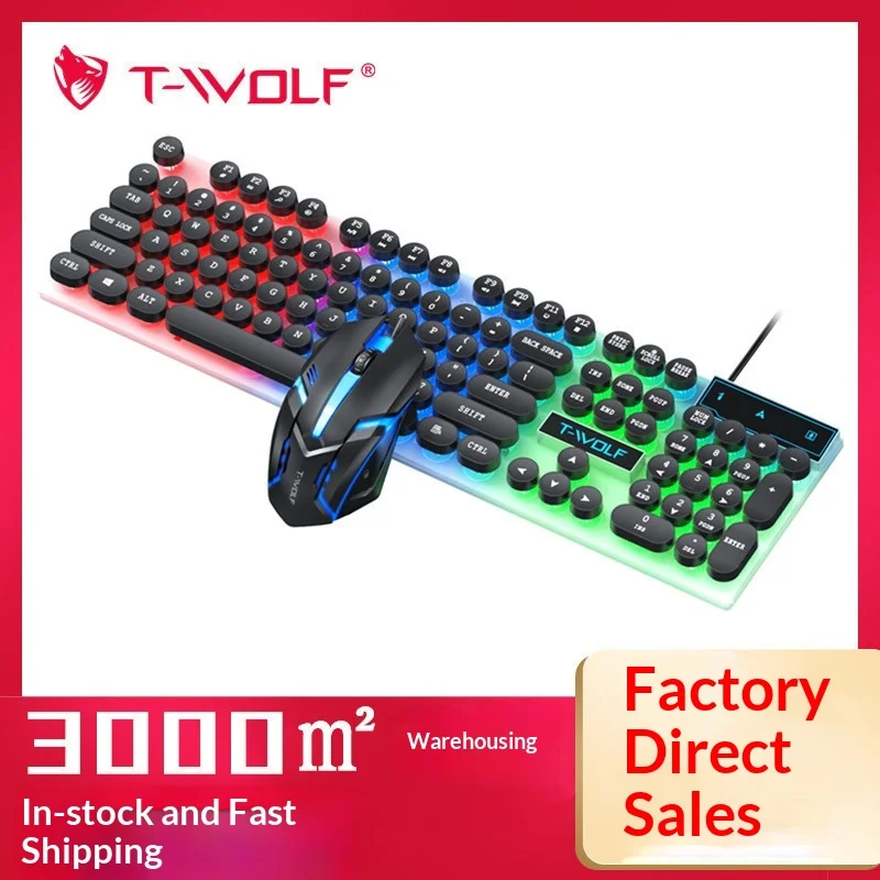 T-Wolf Tf210 Wired Gaming Keyboard And Mouse Set Retro Punk Keycaps Rgb Backlit 6-Key Anti-Ghosting For Laptop Desktop Pc Gamers