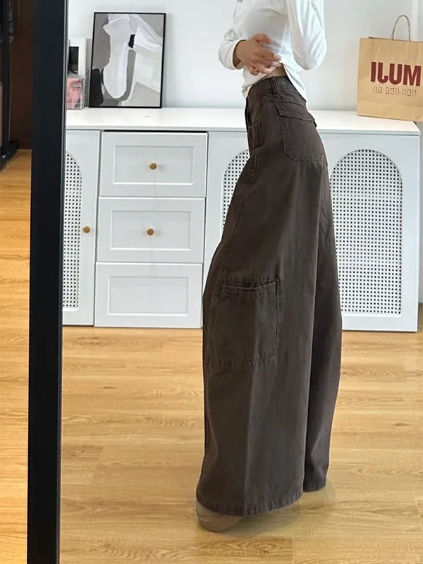 กางเกงยีนส์ทรงหลวมเอวสูงสไตล์เรโทรสำหรับผู้หญิง  ใส่ทำงาน  ทรงตรง  ยาวคลุมเท้า  สำหรับฤดูใบไม้ร่วงและฤดูหนาว