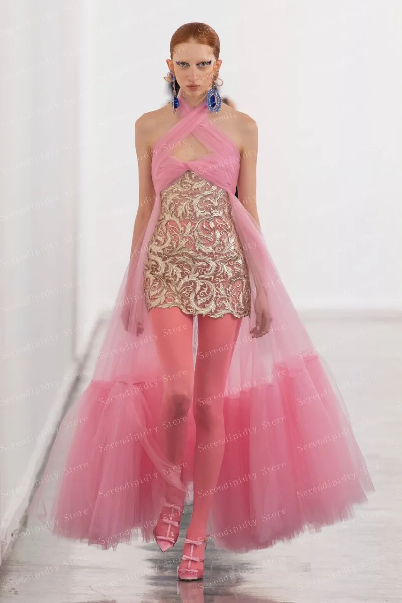 Robe de soirée dos nu en dentelle et tulle rose pour femme, vêtements de cocktail sexy, longueur de rinçage, grande taille, haut et bas