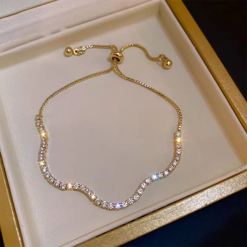 Shiny Round Rhinestones Bracelets for Women Luxury Thin Pull Out Wavy Adjustable Bracelet Versatile Design Hand Jewelry K1
