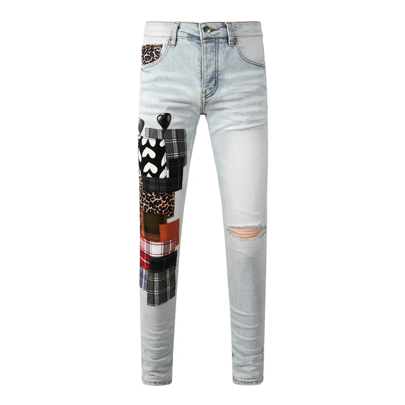 High Street Fashion New Men's Jeans Washed Nostalgic Stretch Slimming Light Blue Jeans Hip Hop Brand Pants Y2K