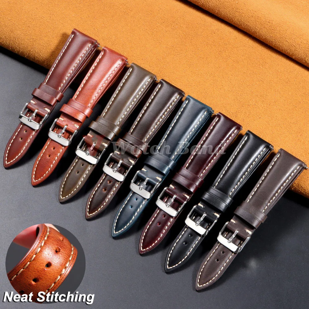 Top Grain Natural Leather Brown Band 18/19/20/21/22mm Watch Strap Wax Genuine Leather MenWomen Watch Band Stainless Steel Buckle