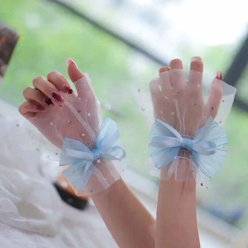 1쌍 네일아트 튤 사진 보우 글러브 가짜 주름 커프 매니큐어 사진 소품 네일 팁 디스플레이 슬리브 코스 액세서리