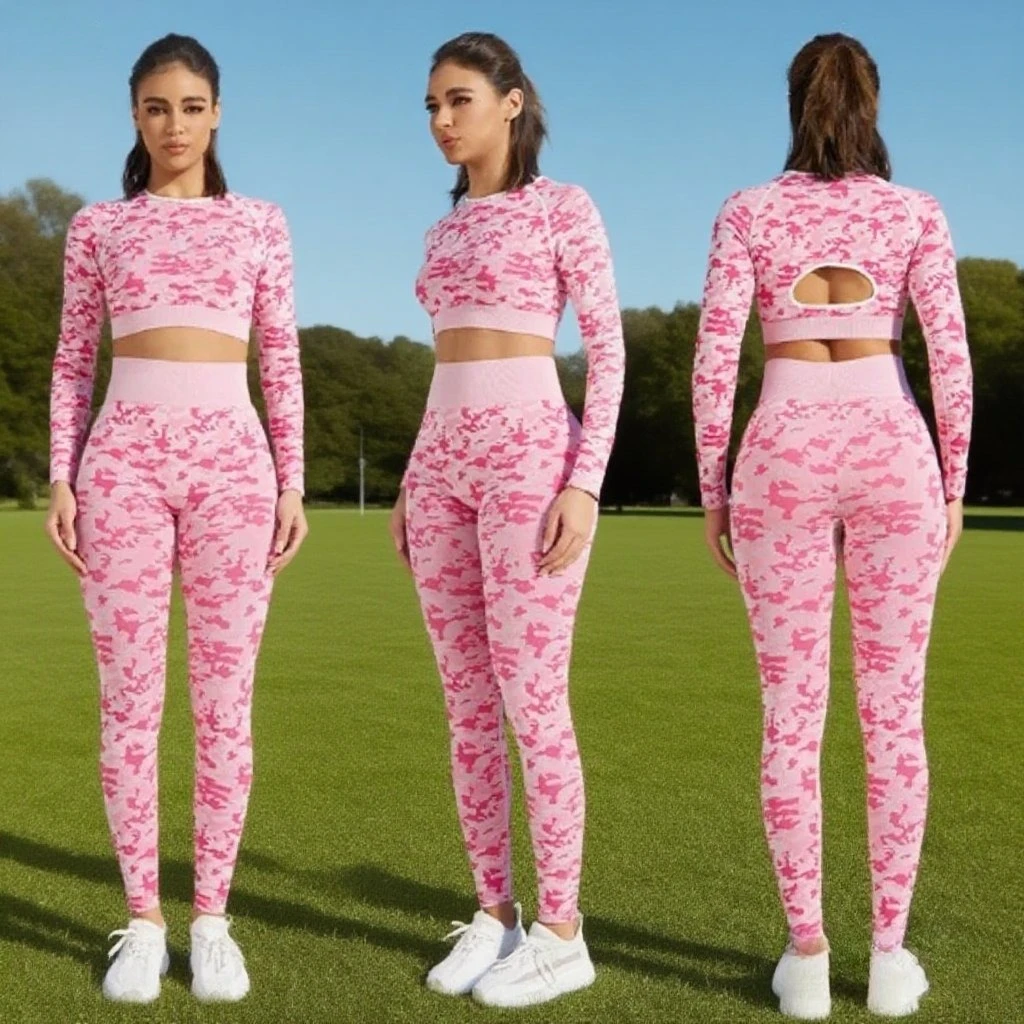 여성 요가 긴팔 섹시 카모플라쥬 자카드 피트니스 슈트 심리스 피치힙 슈트 세트 플러스 사이즈 스포츠 슈트 투피스 세트