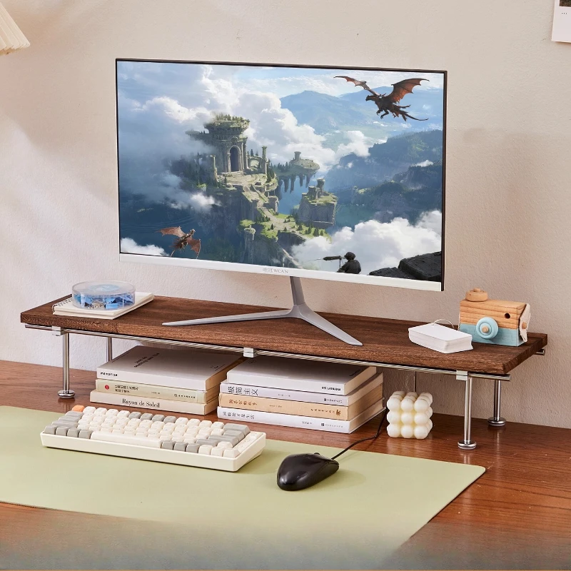 Solid Wood Monitor Stand Riser with Smooth Metal Rods Storage Holders Computer Screen Desktop Organizer for Office Desk Shelf