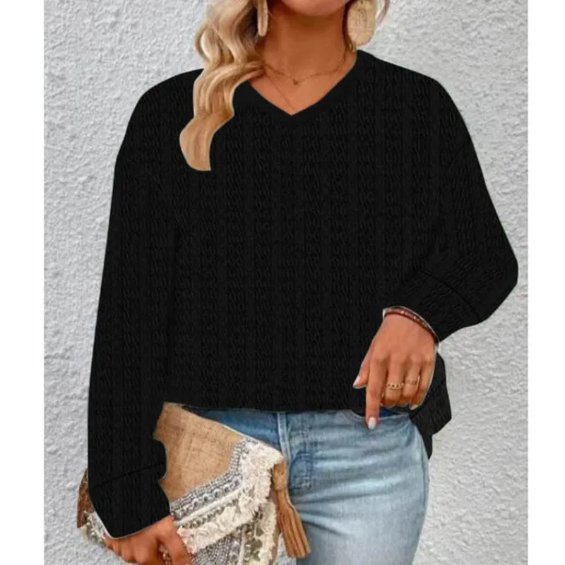 

Spring and Autumn Women's Pullover V-neck Solid Plaid Long Sleeve T-shirt Underlay Fashion Casual Elegant Office Lady Tops