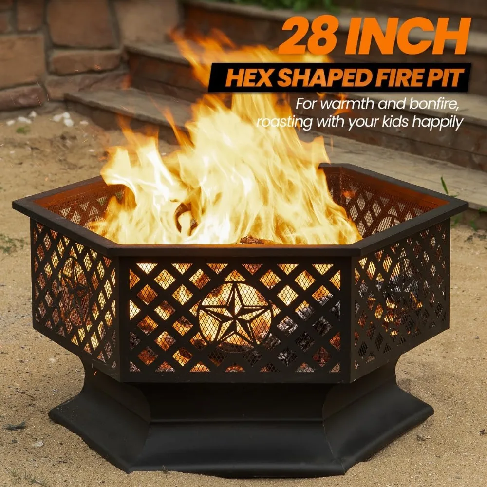 Outdoor Hexagonal Wood Burning Fire Pit with Spark Screen and Poker, 28 Inch Metal Fire Pit for Outdoor Use
