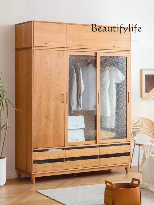 

Modern Large-Capacity Solid Wood Wardrobe Household Bedroom Glass Wardrobe