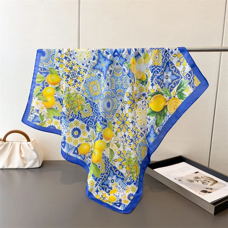 Luxury 70x70cm Square Silk Scarf for Women Bohemian Lemon Tree Floral Print Shawl Wrap Fashion Accessory Hair Tie Bandana Hijab