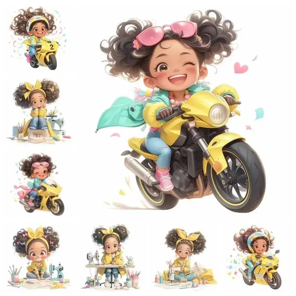 Cartoon Riding Girl Sewing Machine Lady Heat Transfer Patches For Clothing DIY A-Level Washable T-shirts Iron-on Thermal Sticker