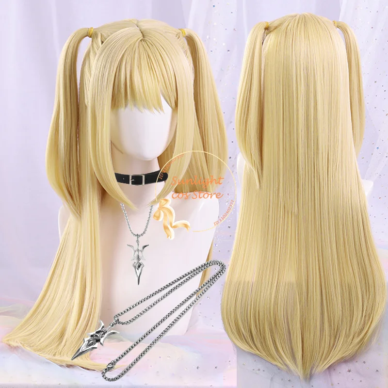 MisaMisa-peluca larga de Cosplay para mujer, pelo sintético resistente al calor, color amarillo dorado, Misa Amane Anime, incluye gorro