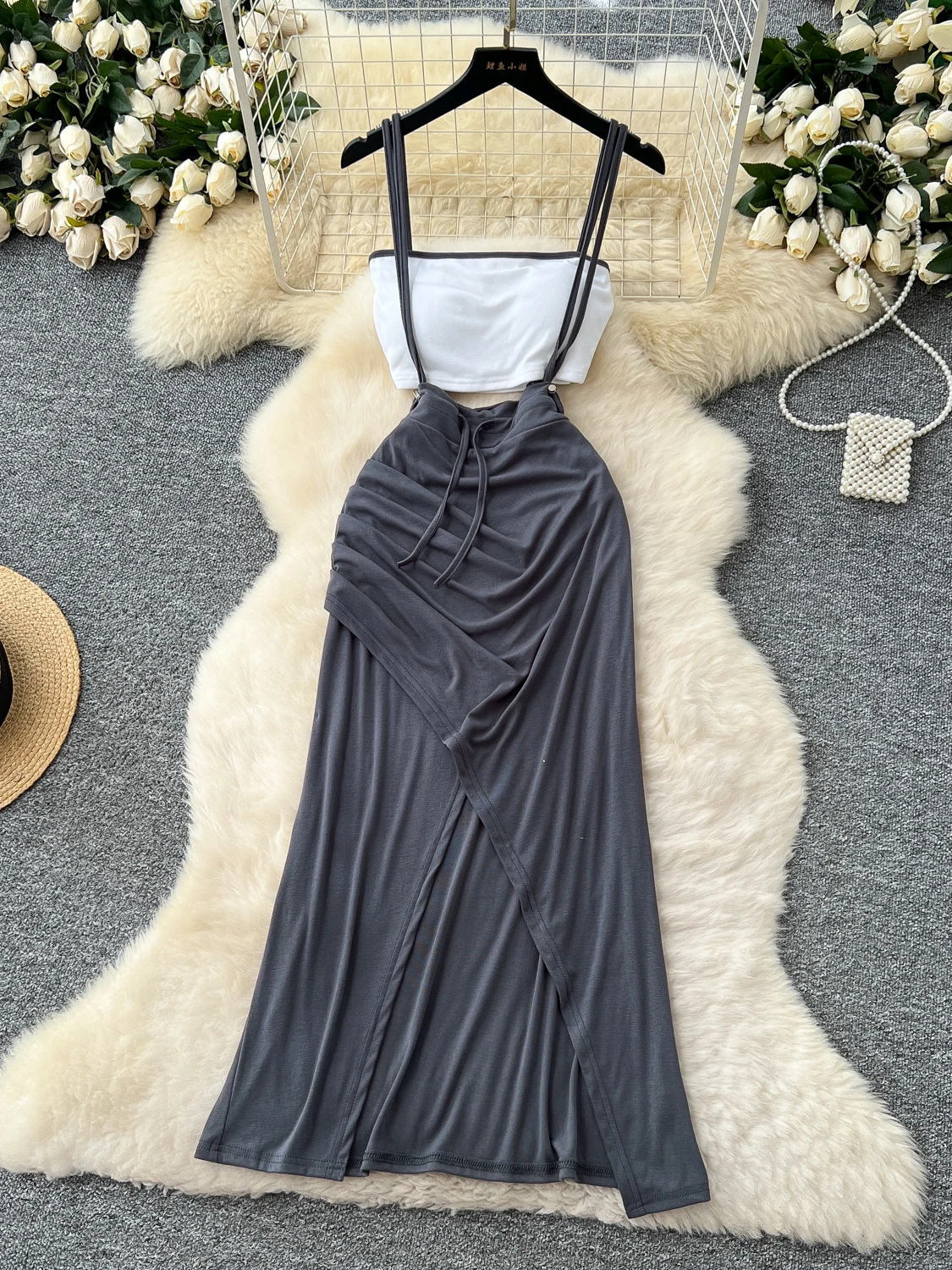 

Faionable ter Жилет Топ с нагрудником и асимметричной юбкой Комплект женской летней одежды заводская Интернет Iuencer