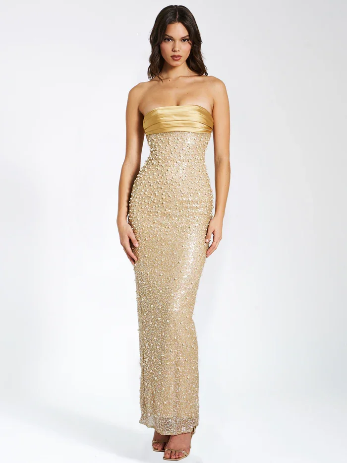 

Gold Strapless Sleeveless Sexy Sequined Pearl Bodycon Prom Party Dress Sexy Maxi Satin Celebrity Evening Runway Party Club Dress