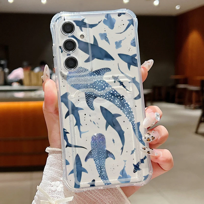 المحيط القرش الحوت قضية الهاتف لسامسونج غالاكسي A56 A16 A55 A35 A25 A15 S25 Edge S24 S23 الترا S24 FE حافظة للبطاقات محفظة غطاء من البولي يوريثان