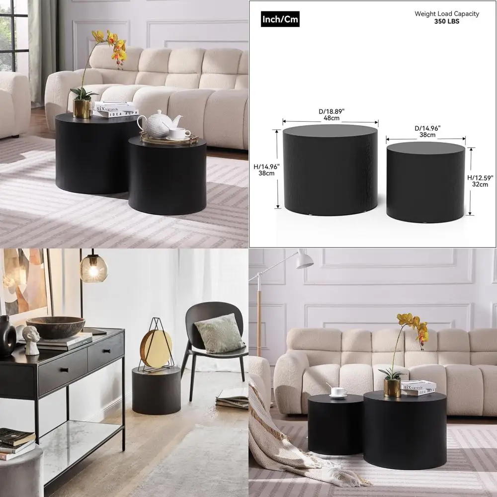 

Modern Black Round Wooden Nesting Coffee Table Set for Small Spaces, Living Room, Bedroom Accent