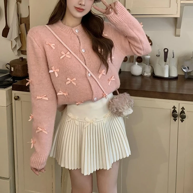 

Осенне-зимний короткий кардиган, куртка с французским бантом, вязаный свитер, свободный круглый вырез, зарубежный стиль, модные мягкие восковые свитера для женщин