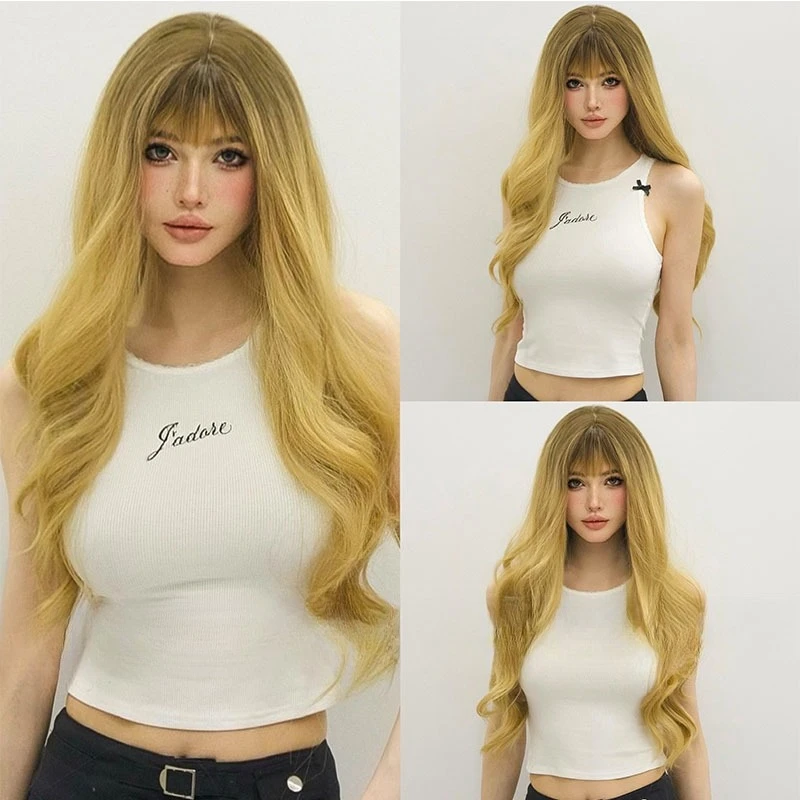 

Wig female long curly hair personality gradual change golden yellow Qi bangs big wave dopamine fashion big curl full head wig