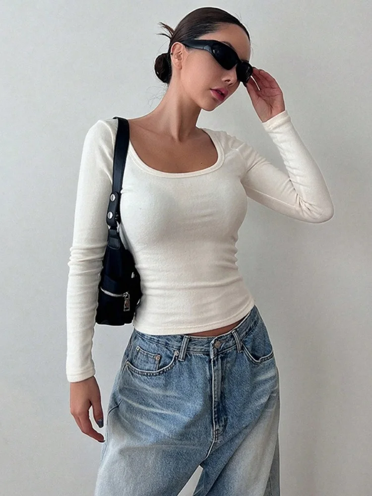 

Solid Y2k Top Long Sleeve T Shirt Women Square Collar Aesthetic Clothes Autumn Roupas Femininas Estilosas Pullover Ropa De Mujer