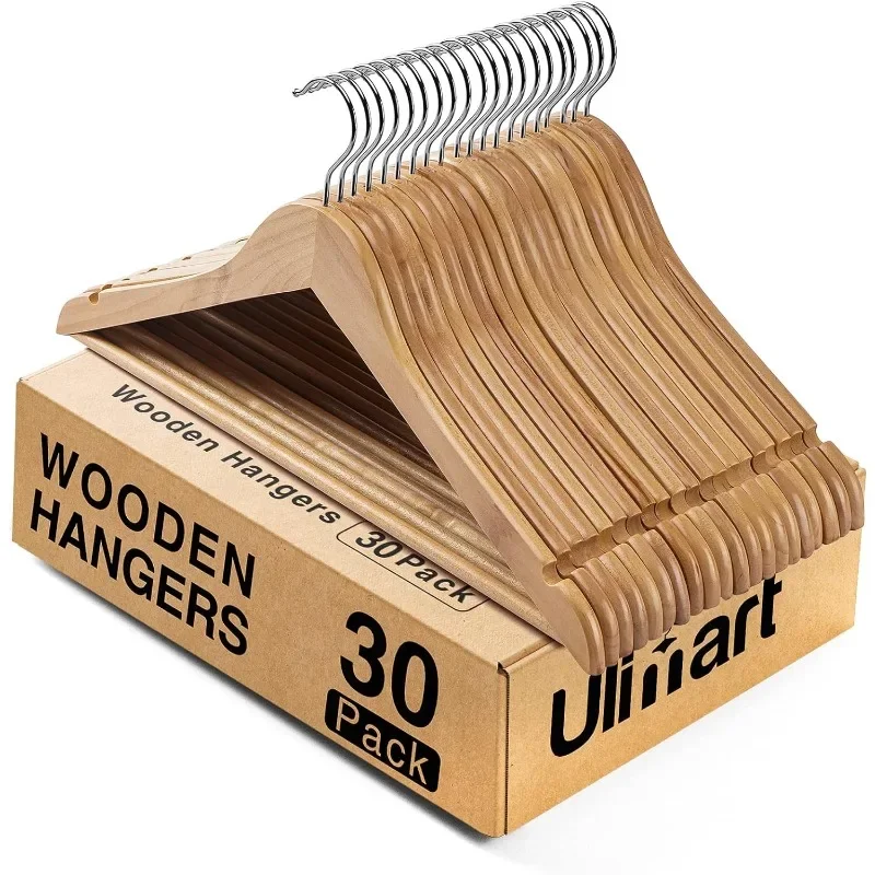 Wooden Hangers  30 Pack Wood  Solid Wood Clothes  with Bar Coat Hangers for Closet（Natural）