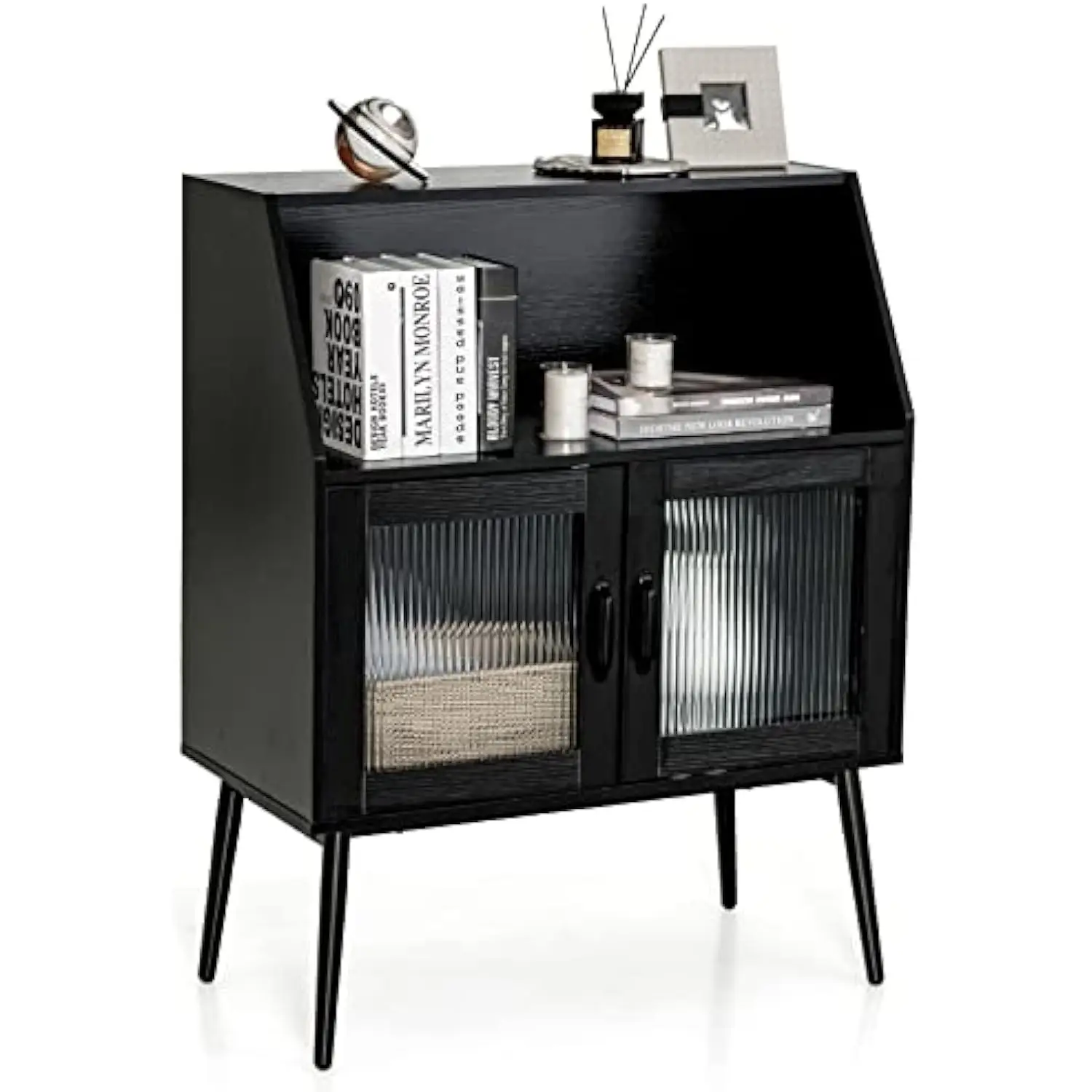

Sideboard buffet cabinet, freestanding cupboard with tempered glass doors, wide countertop and open compartment, accent storage