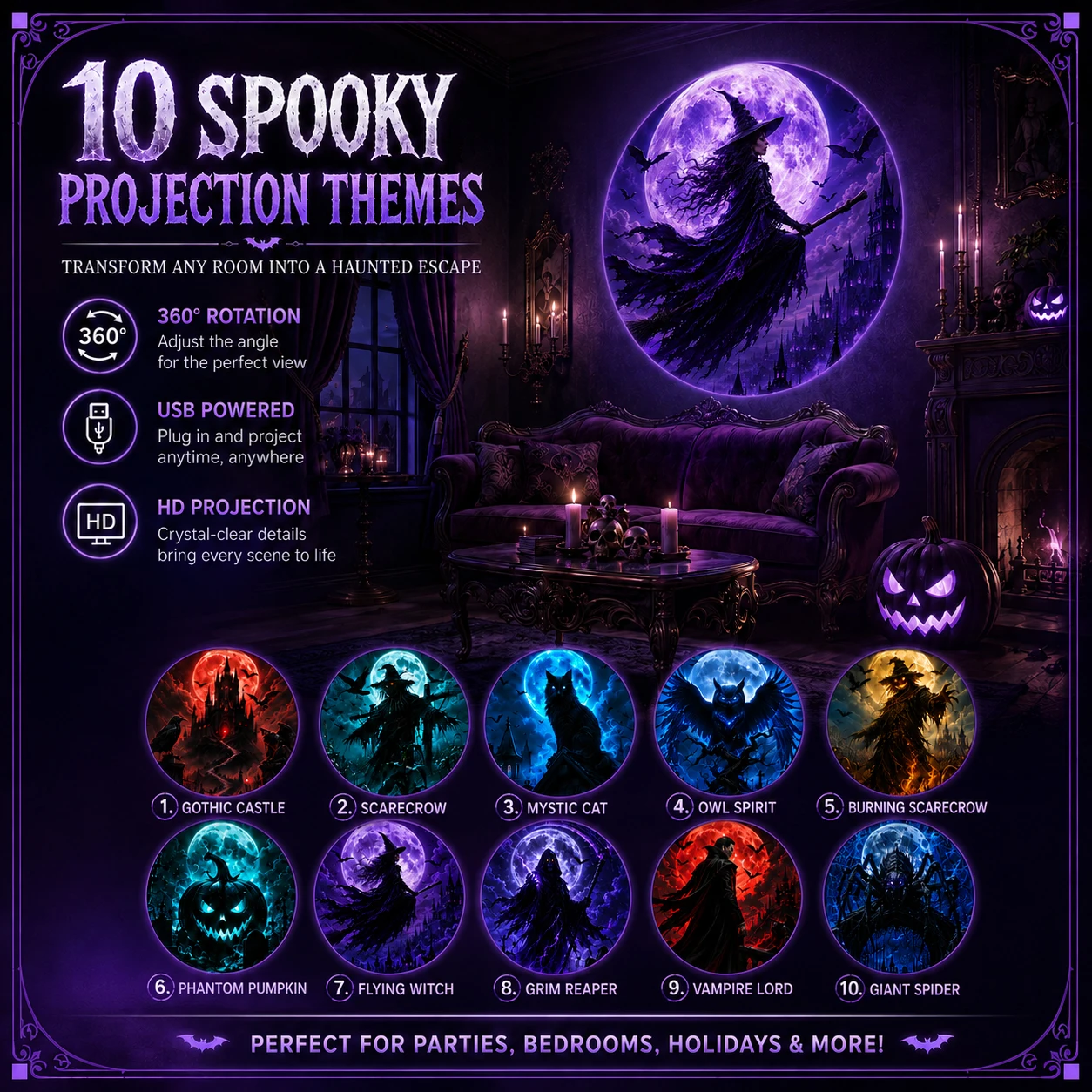 Halloween-Themed Projection Light, 10 Projection Patterns to Choose from, Bedroom Ceiling Night Light/Wall Decorative Light