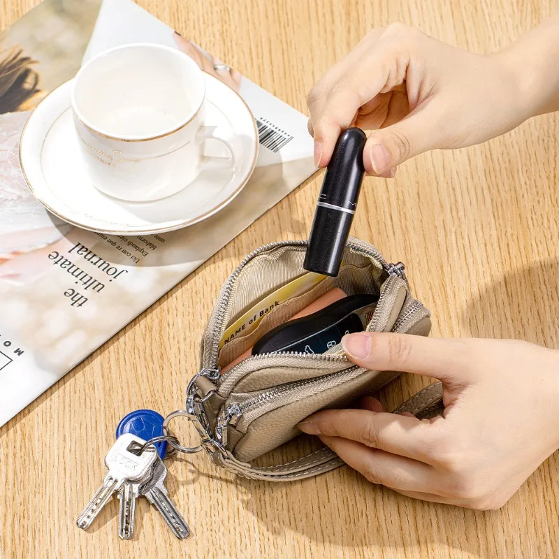 

Korean Minimalist Coin Purse Soft Genuine Leather Wristlet Purse, Double Zipper Change Wallet, Compact Organizer Bag for Women
