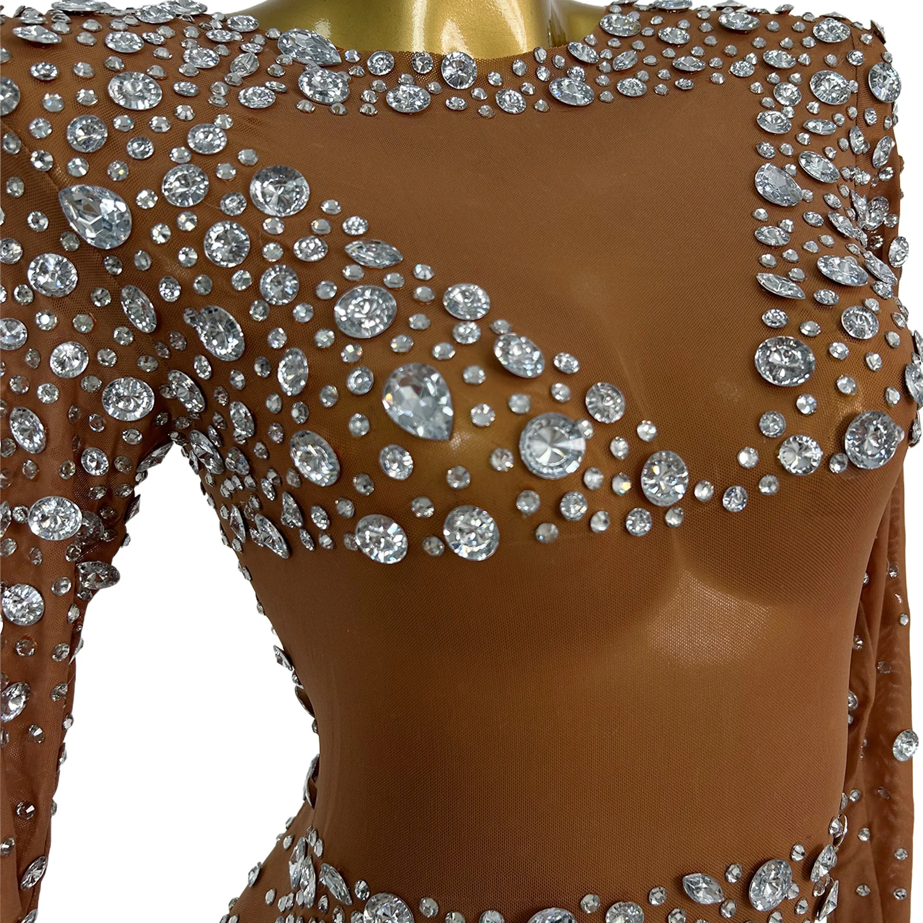 Jiaozi Nude Brown Mesh Base Maxi Dress with All Over Clear Rhinestones and Long Sleeves for Gala and Red Carpet Events