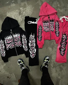 아메리칸 고딕 트렌디 레터 프린트 오버사이즈 맨투맨 세트, 캐주얼 루즈 팬츠, 지퍼 달린 맨투맨, 남성 패션