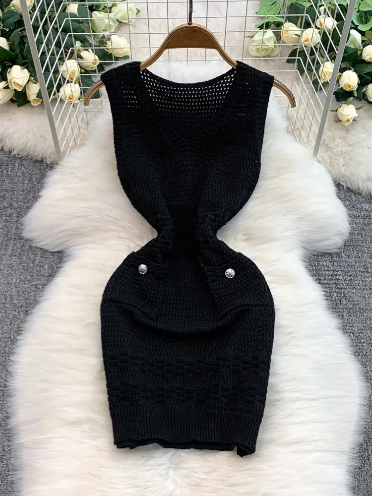 Summer 2025 Women's Knitted Hollow out Svel V-Ne Dr Slimming High Waist ort Skirt Comfortable Commute Sle Faion