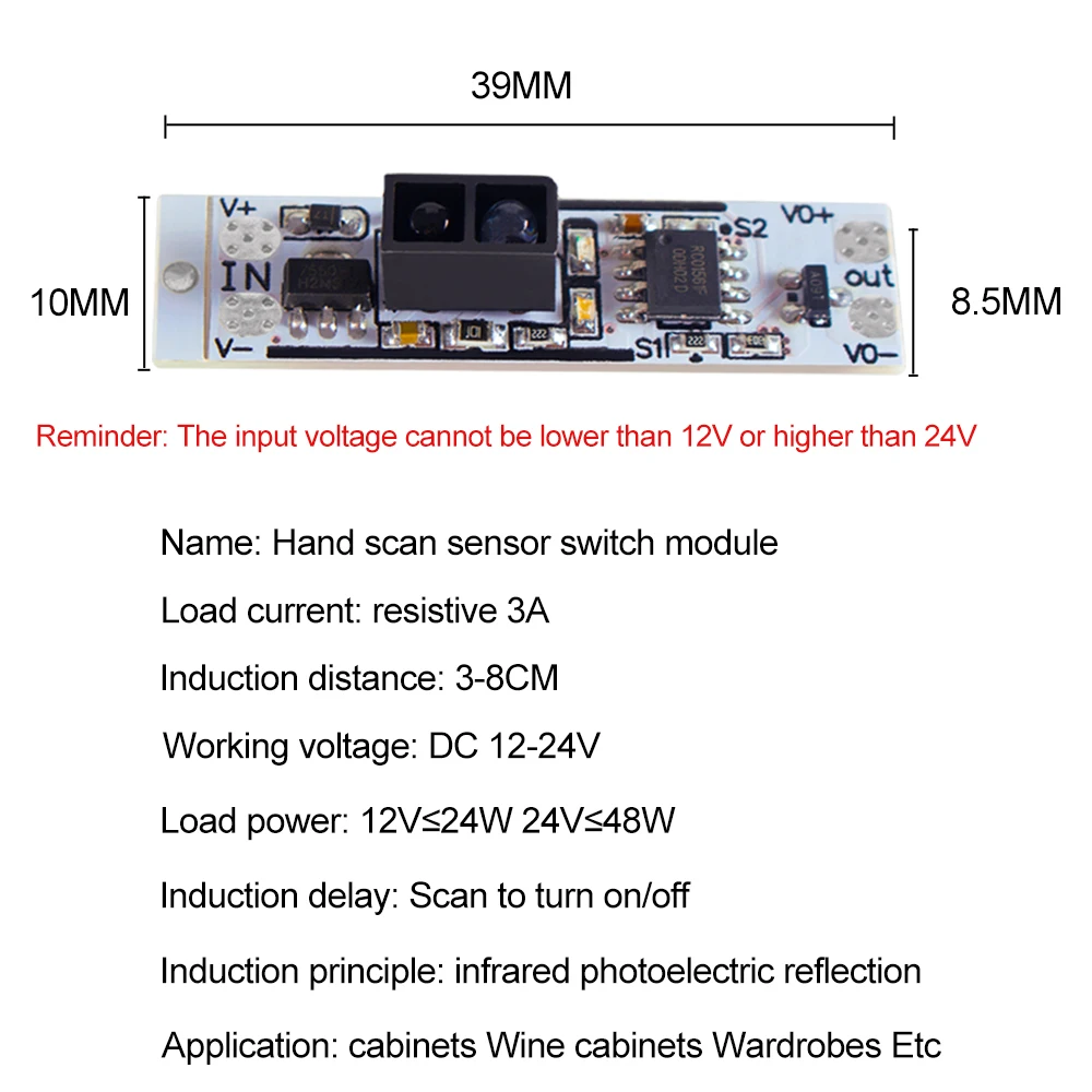 Motion Sensor Hand Sweep Switch 3A 12V-24V Hand Wave Scan IR Sensor Switch ON/OFF DIY LED Closet Cabinet light/Wardrobe lamp