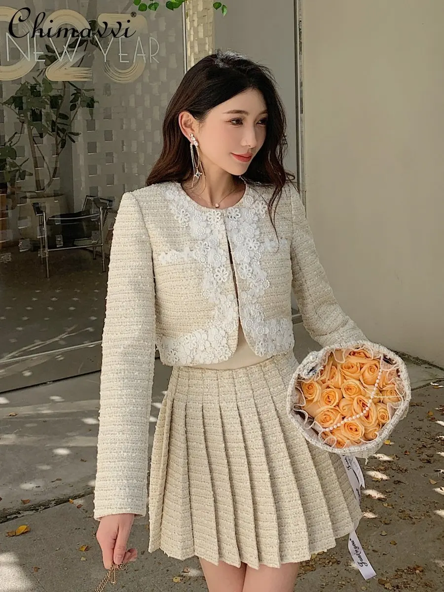 

2024 Spring Clothes New Fashion Woolen Long Sleeve Coat High Waist Slimming Pleated Skirt High-End Temperament Women's Suit