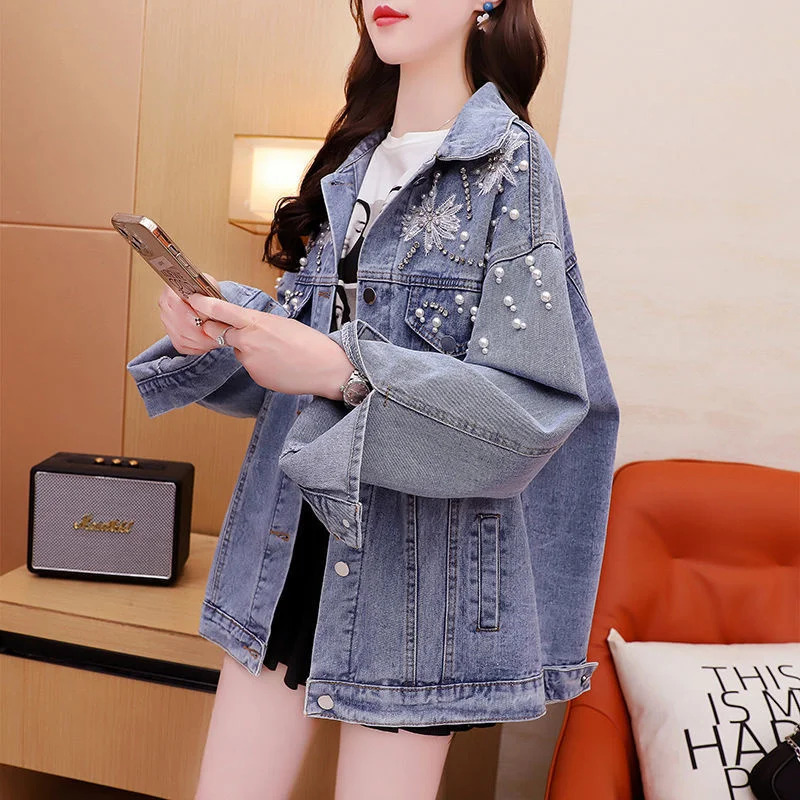 2024 Spring Autumn Jeans Jackets Women Korean Rhinestones Embroideried 3D Flowers Outerwear Female Causal Womens Demin Coats