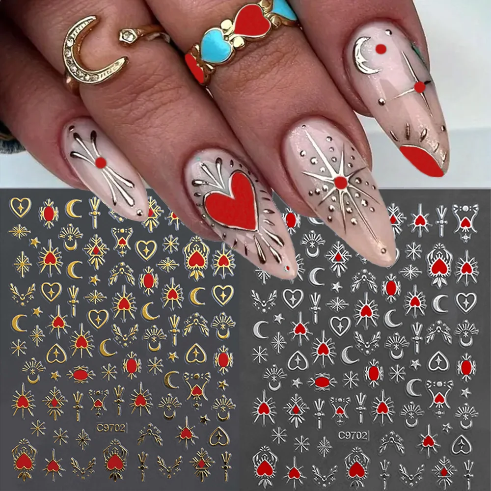 3D Y2K Metallic Heart/Star & Moon Totem Nail Sticker 10*8cm Bronzing Laser Starlight Stripes Slider Fashion Adhesive Nails Decal