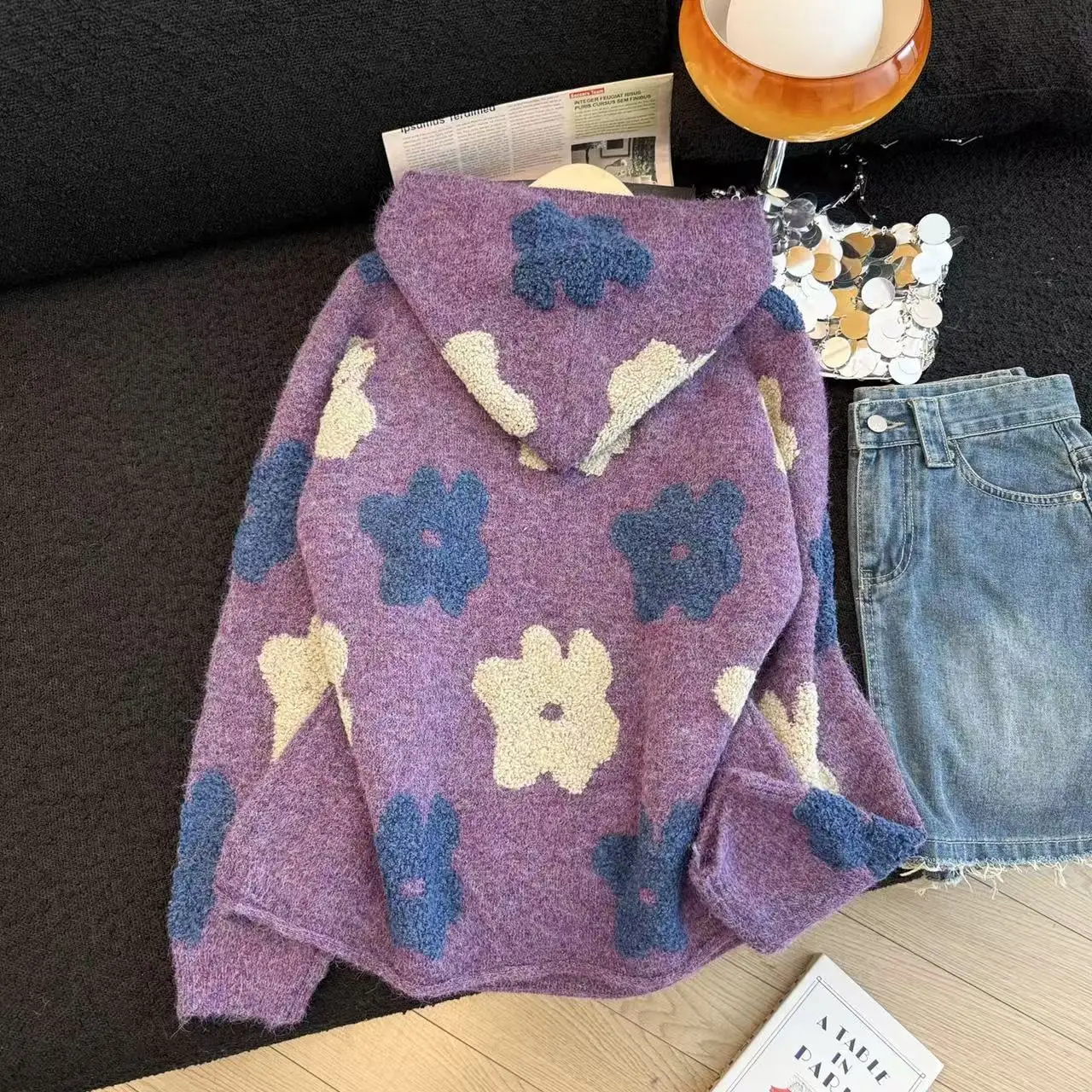 Frauen Lila Strickpullover Hoodie Pullover 2000er Jahre Vintage Lange Ärmel Gemütlicher Kaschmirpullover Für Frauen Kleidung Frühling Herbst 2025