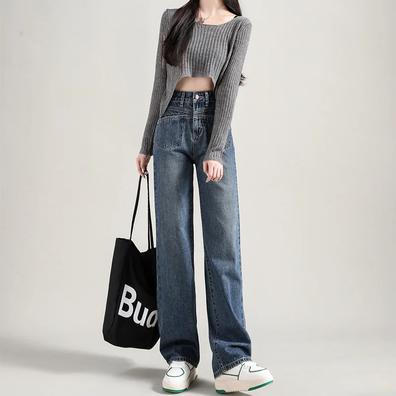 

American style retro straight jeans for women's spring and autumn 2022 new style stitching pocket design high waist wide leg mop