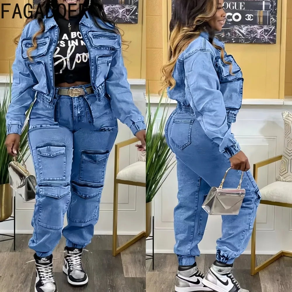 

FAGADOER Quality Fashion Denim Woman 2 Piece Set Outfit Solid Long Sleeves Pocket Patchwork Crop Top + Pants Female Streetwear