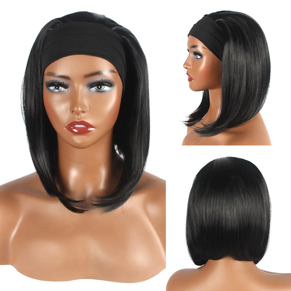 Versatile European and American Headscarf Wig Women's Fashion Inner Buckle Short Straight Hair Ice Silk Hairband
