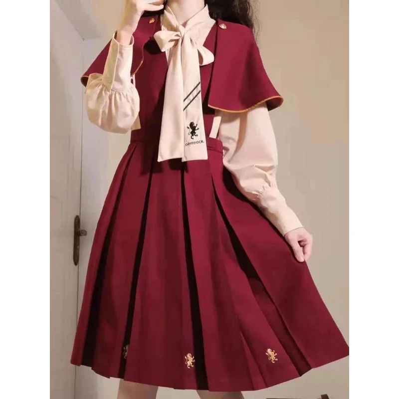 Vestido de primavera para mujer, traje de estudiante Preppy coreano suelto, capa japonesa, chal + camisa con pajarita y vestido de tirantes, conjuntos de tres piezas para chica Kawaii