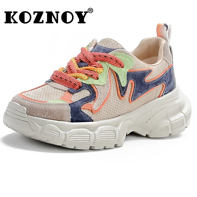 Koznoy 5cm Genuine Leather Wedge Platform Sneakers Casual Autumn Spring Comfy Moccasins Chunky Women Mixed Color Fashion Shoes