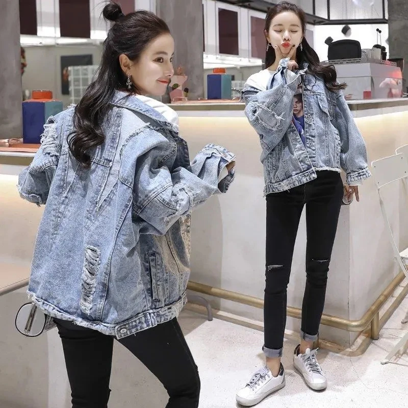 

Ripped Denim Jacket Women's Outwear Spring Autumn 2025 New Korean Loose Student BF Single-Breasted Jeans Coat Tops Streetwear